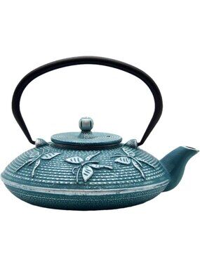 Navy Blue Silver Cast Iron Kitchen Japanese Teapot 27.1oz Stovetop Infuser Pot